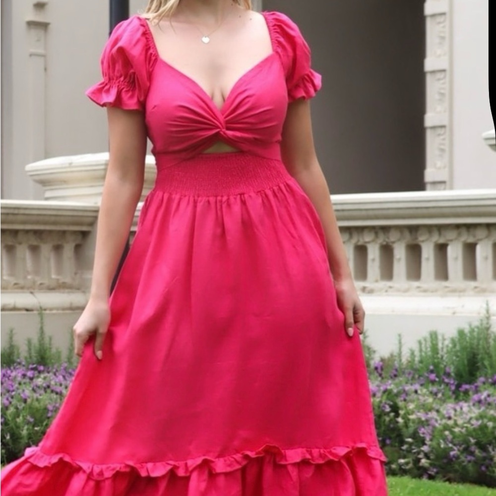 NWT Aulieude Hot Pink Reversible Marianne Cutout/Wrap/Shirred Dress - Picture 3 of 16